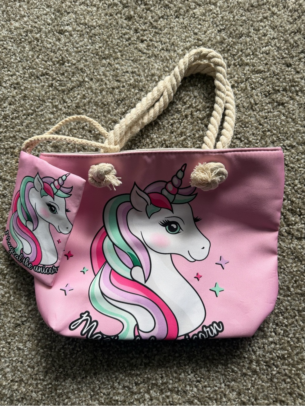 Pink Unicorn Kids Tote Bag with Rope Handles